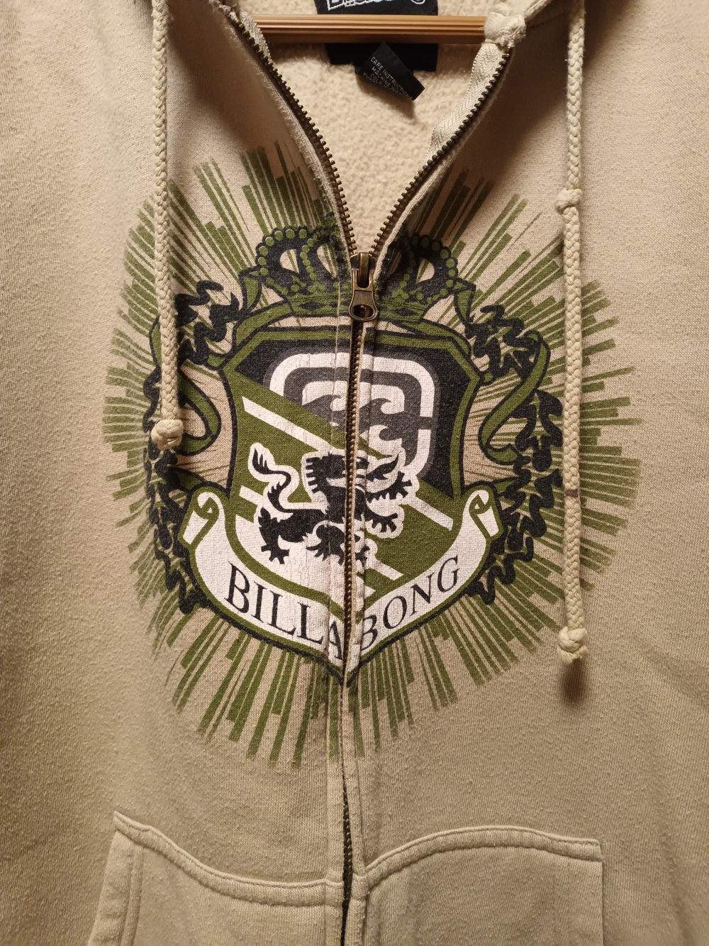 Billabong Beige Zip-Up Hoodie with Green Crest Graphic